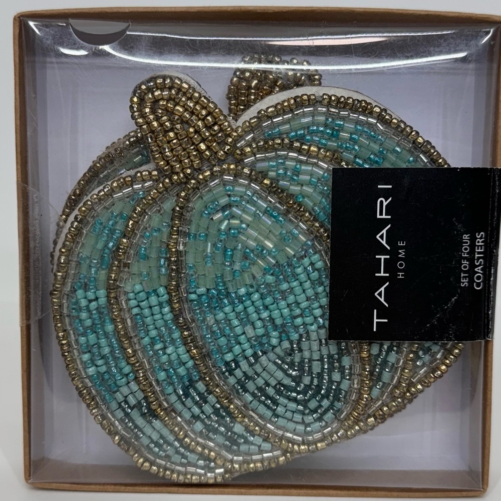 Tahari Home Set of 4 Pumpkin Drink Coasters Beaded Blue Aqua Teal & Gold New Nib - Picture 2 of 9